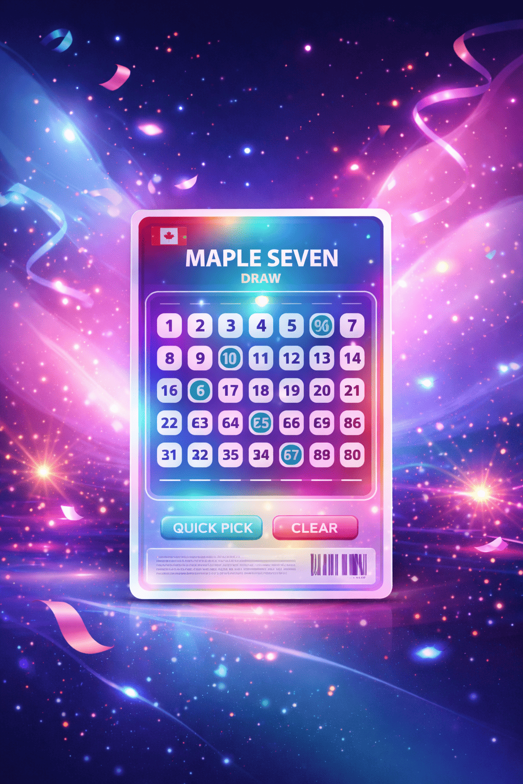 Maple Seven Draw lottery ticket showing number selection grid from 1 to 50