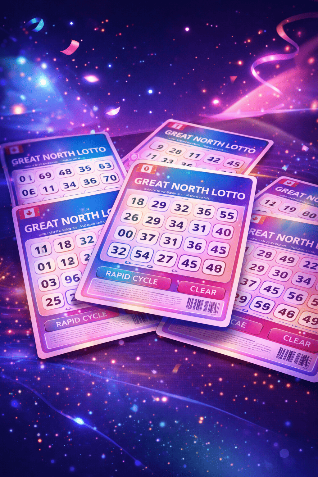 Great North Lotto rapid cycle draw with numbered tickets spread across table